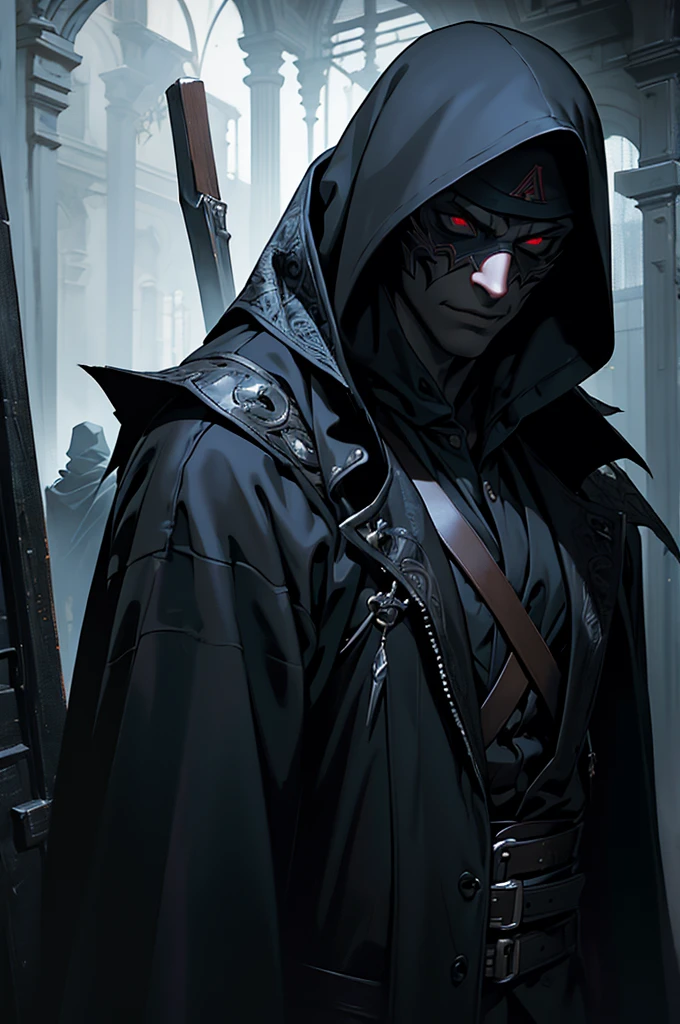a vampire assassin in dark clothes, mask covering their face, detailed intricate costume, hyperrealistic, cinematic lighting, moody atmosphere, digital painting, dramatic shadows, rich colors, chiaroscuro, dark and gloomy, ultra-detailed, 8k, masterpiece, photorealistic, highly detailed, sharp focus