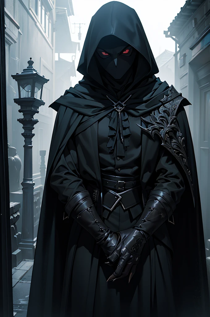 a vampire assassin in dark clothes, mask covering their face, detailed intricate costume, hyperrealistic, cinematic lighting, moody atmosphere, digital painting, dramatic shadows, rich colors, chiaroscuro, dark and gloomy, ultra-detailed, 8k, masterpiece, photorealistic, highly detailed, sharp focus