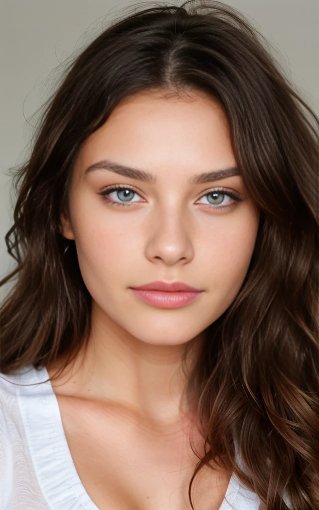 Belle brune nue, very detailed, 21 ans, visage innocent, natural wavy hair, yeux bleus, high resolution, Best quality, very detailed, mise au point nette, detailed skin, texture de peau réaliste, texture, detailed eyes, professionnel,