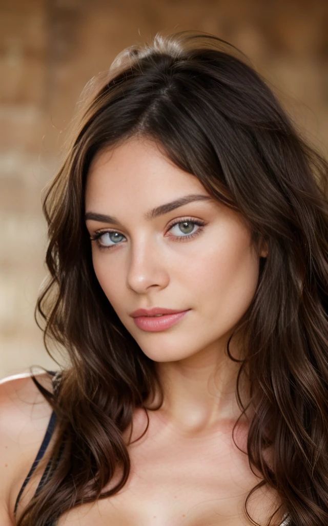 Belle brune nue, very detailed, 21 ans, visage innocent, natural wavy hair, yeux bleus, high resolution, Best quality, very detailed, mise au point nette, detailed skin, texture de peau réaliste, texture, detailed eyes, professionnel,