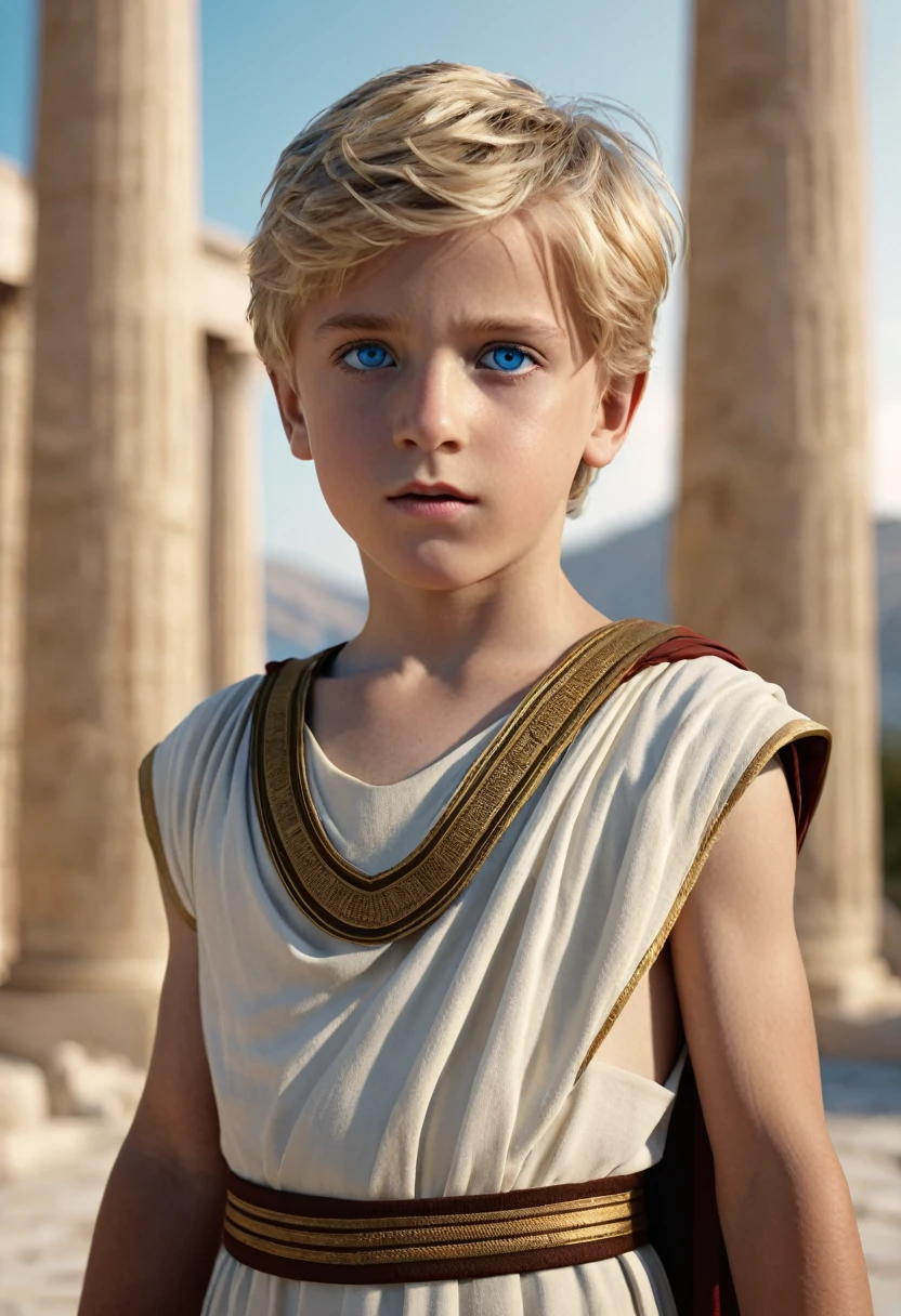 Photorealistic, cameron photo, , ancient greece clothing, neutral background, blue eyes, blonde, short hair, boy, son of Zeus, cinematic lighting, unreal engine 5, cinematic color grading, 32k, super resolution, global illumination, photoshoot, dynamic pose, centered, photography