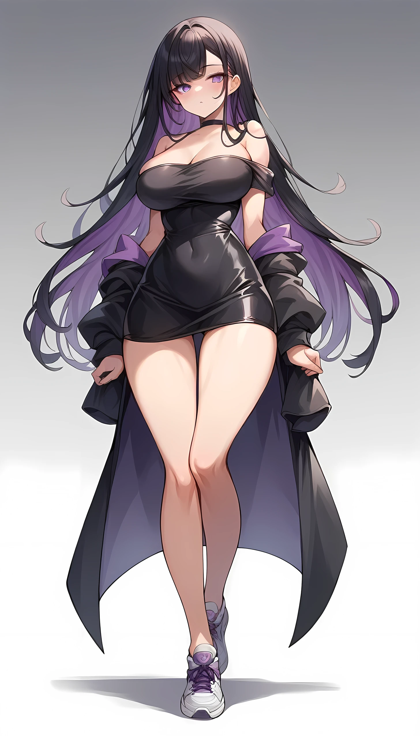 1girl, long hair, looking at viewer, blush, gradient violet eyes, black hair, bare shoulders, standing, sidelocks, thighs, multicolored hair, big breasts, full body, diagonal bangs, off shoulder, black dress, gradient background, thigh gap, short dress, sexy legs, bare legs, showing elegant curves and elegant shapes, sneakers,