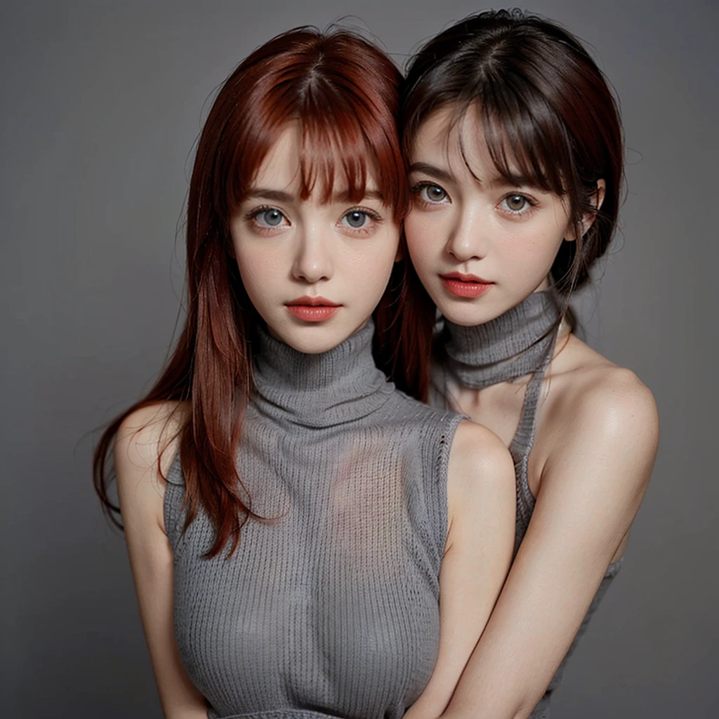 Masterpiece, Best Quality, (Realistic, Super Real, Super Reality:1.5), (Photography), 1girl, (Neat and Innocent Character, Gentle Atmosphere:1.2), ((Red Color Hair, Straight Long Moist hair:1.2)), (Smile:0.8), (Tender eyes), (blunt bangs, Very Long Hair:1.2), Looking at Viewer, Cowboy Shot, Cinemagraph, BREAK (Perfect beauty, Very Porcelain Skin, Very Fair Skin, Fine and Beautiful Skin, Super Smart, Faces with random and very beautiful details, (Symmetrical beautiful face, symmetrical beautiful eyes, Red Color Eyes, Fine Eyes Detail, Fine face:1.3), (Large eyes, Hyper Detail Eyes, Very Clear Eyes:1.2), Both eyes are synchronized, Focused Gaze, on focus, Look at us, (Thin Lips:1.2), Crimson Red Color Lipstick, Beautiful Face, Nasal stripes are well defined), Brake ((Gray Color Very Tight Sleeveless Turtleneck Knit:1.5), (Beige Color, Cotton, Skirt:1.2)), (Brunette Wide Choker), ((White Color Simple Gradation Background:1.3)), Flat Lighting, (Large Breasts, Well-Shaped Breasts:1.4), BREAK (7 Head-toll, Model Figure, Thin Neck, Thin shoulder, sloped shoulder, (narrow shoulders, thin upper chest, Thin under the chest, thin waist), Thin Arms, Thin Legs:1.2),