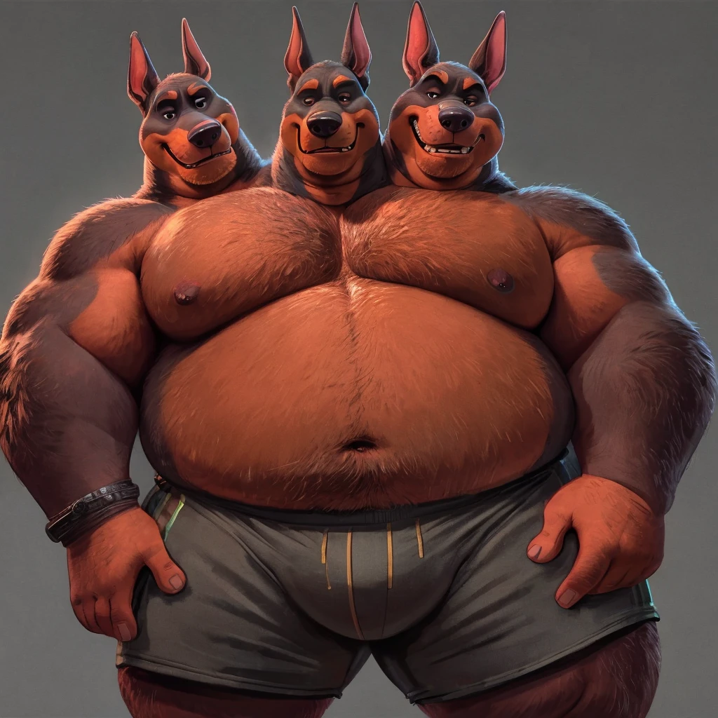 solo, doberman pinscher, three identical heads on one body, black and brown fur, bald, doberman pinscher ears, masculine, necks, (eyes), adult, male, 50 years old, (stylized 3d, by disney, by rembrandt, by pixar, by dramamine), obese, solid gray background, (shirtless, underpants), correct hands, correct anatomy, ultradetailed, best quality, detailed masterpiece, highly detailed masterpiece, 4k, (professional cartoon), natural pose, detailed expressions
