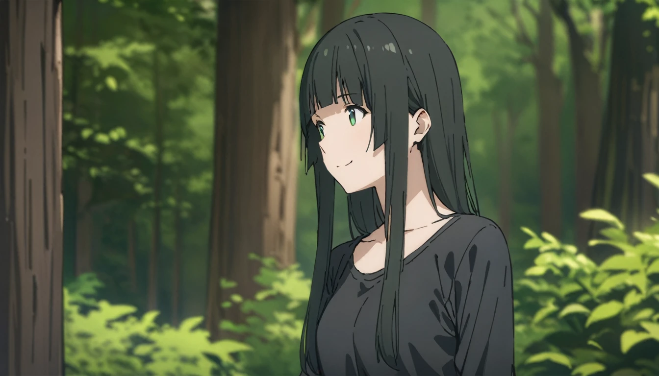 Everyone Makoto,One girl, alone, Green Eyes, Black Hair, Long Hair, wood, nature, forest, clavicle, smile, bangs, Outdoor, Upper Body, Look to the side, blunt bangs, Black Shirt,Long sleeve,smile,
masterpiece, highest quality,New,
