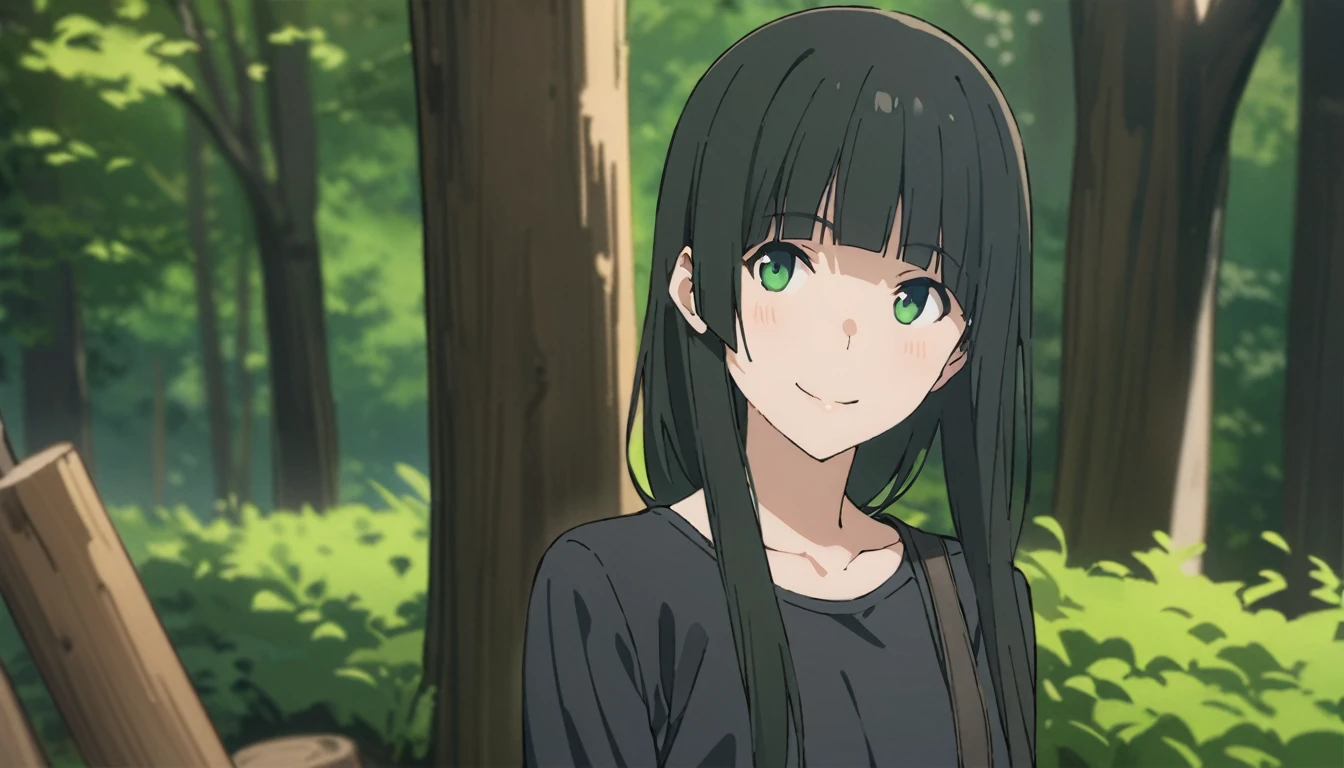 Everyone Makoto,One girl, alone, Green Eyes, Black Hair, Long Hair, wood, nature, forest, clavicle, smile, bangs, Outdoor, Upper Body, Look to the side, blunt bangs, Black Shirt,Long sleeve,smile,
masterpiece, highest quality,New,
