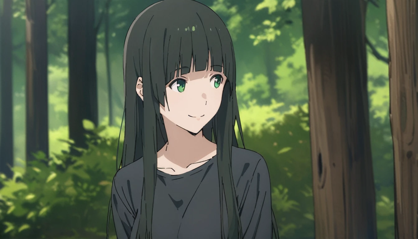 Everyone Makoto,One girl, alone, Green Eyes, Black Hair, Long Hair, wood, nature, forest, clavicle, smile, bangs, Outdoor, Upper Body, Look to the side, blunt bangs, Black Shirt,Long sleeve,smile,
masterpiece, highest quality,New,
