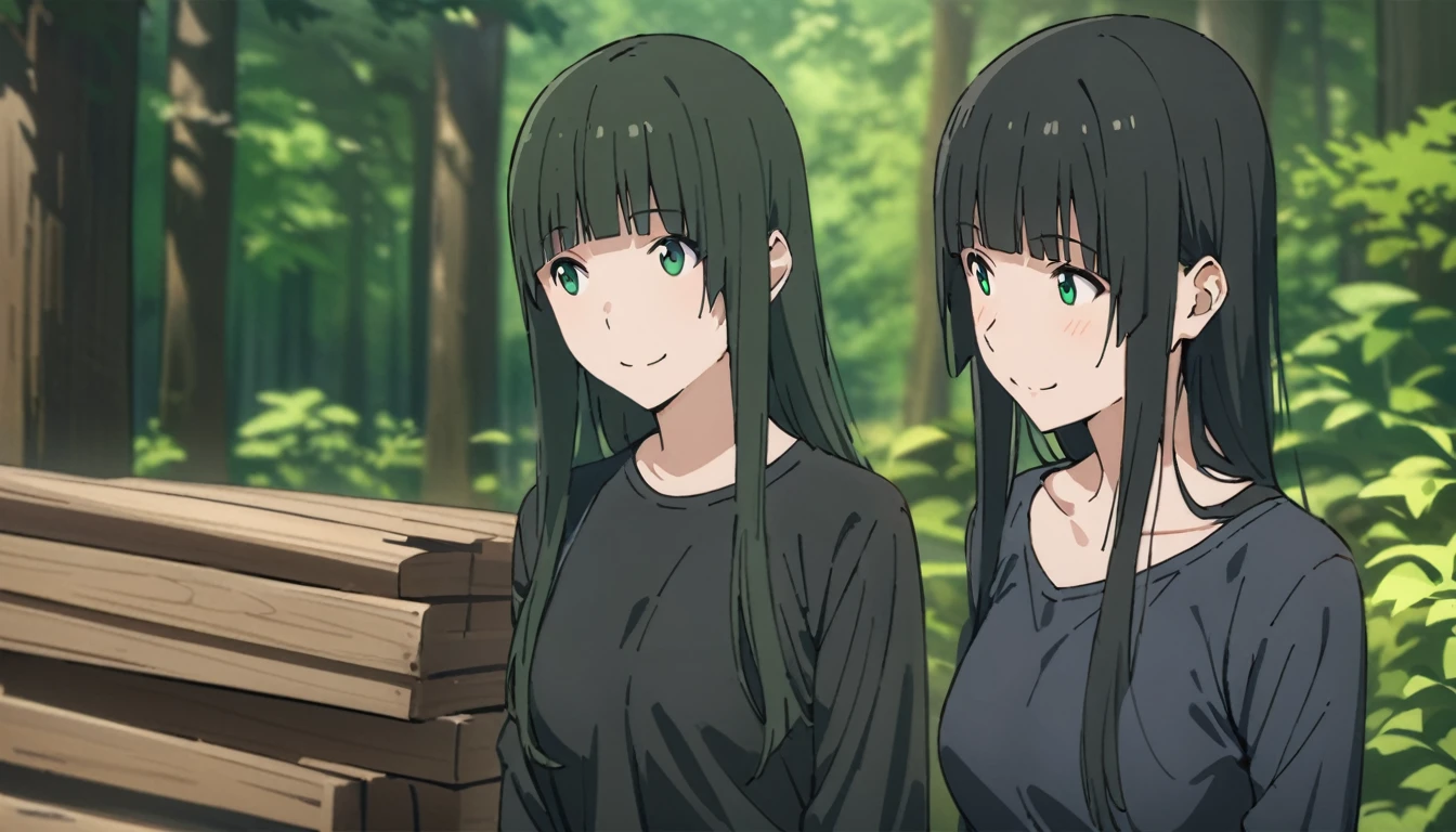 Everyone Makoto,One girl, alone, Green Eyes, Black Hair, Long Hair, wood, nature, forest, clavicle, smile, bangs, Outdoor, Upper Body, Look to the side, blunt bangs, Black Shirt,Long sleeve,smile,
masterpiece, highest quality,New,
