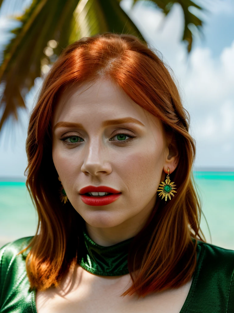 Realistic photo of a beautiful bryc3d-v1 woman, 1girl, solo, long hair, looking at viewer, tropical beach background, red hair, jewelry, green eyes, multicolored hair, small gold earrings, parted lips, teeth,  lips, gradient hair, makeup, lipstick, portrait, realistic, red lips, soft lighting, professional Photography, Photorealistic, detailed, RAW, analog, sharp focus, 8k, HD, DSLR, high quality, Fujifilm XT3, film grain, award winning, masterpiece