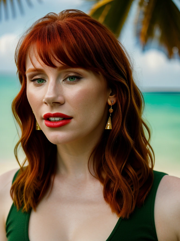 Realistic photo of a beautiful bryc3d-v1 woman, 1girl, solo, long hair, looking at viewer, tropical beach background, red hair, jewelry, green eyes, multicolored hair, small gold earrings, parted lips, teeth,  lips, gradient hair, makeup, lipstick, portrait, realistic, red lips, soft lighting, professional Photography, Photorealistic, detailed, RAW, analog, sharp focus, 8k, HD, DSLR, high quality, Fujifilm XT3, film grain, award winning, masterpiece