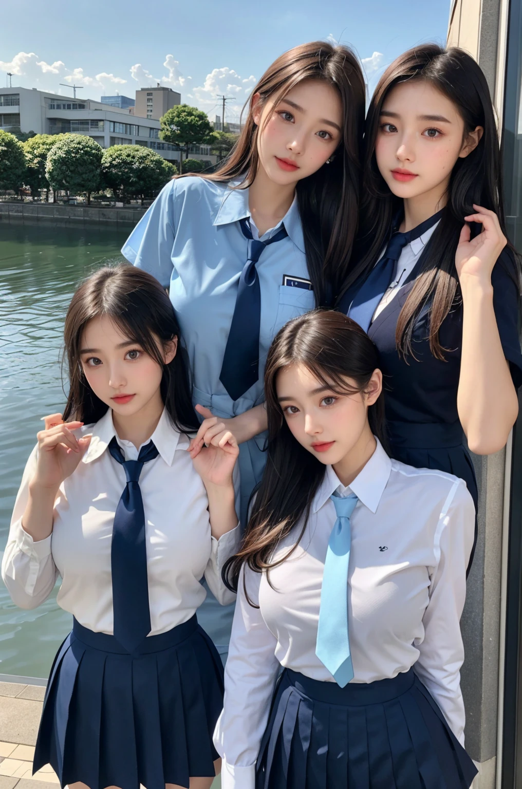 japanaese girl、Teen Girls、perfect body type、Transparency、Transcendent big breasts、School Uniforms、Navy blue tie、Navy blue skirt、Light blue shirt、hposing Gravure Idol、waterside、Fancy makeup