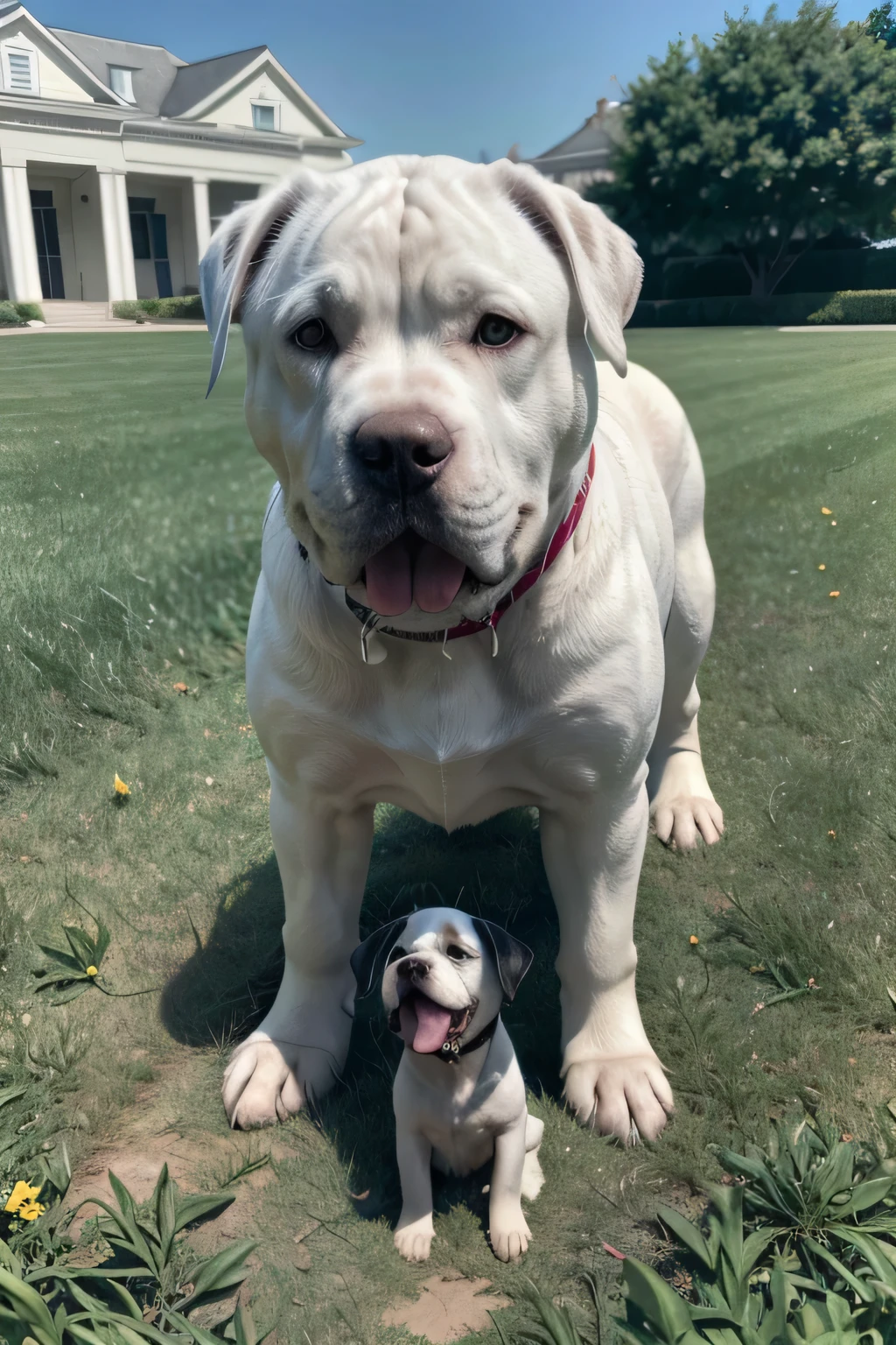 two white cane corso puppy playing in movement on the lawn with a big white pitbull dog realistic, ccurate, drop shadow, anaglyph, stereogram, tachi-e, pov, atmospheric perspective, 8k, super detail, best quality