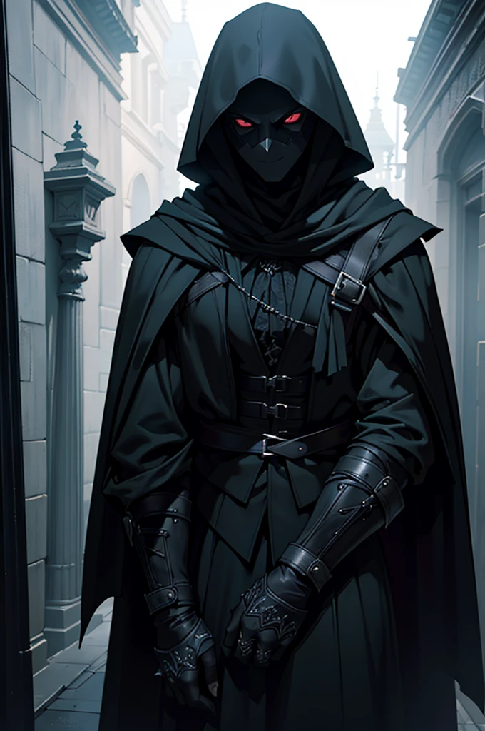 a vampire assassin in dark clothes, mask covering their face, detailed intricate costume, hyperrealistic, cinematic lighting, moody atmosphere, digital painting, dramatic shadows, rich colors, chiaroscuro, dark and gloomy, ultra-detailed, 8k, masterpiece, photorealistic, highly detailed, sharp focus