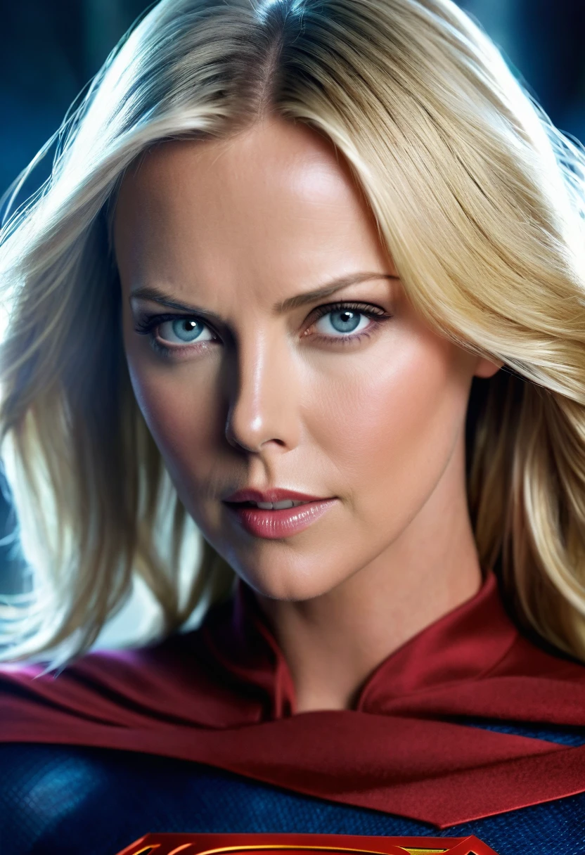 (((extreme close-up Charlize Theron under the mantle of the Kryptonian Kara Zor-The alias Supergirl long blonde hair cinematic surreal image HD))),(((imagenes color Splash)))