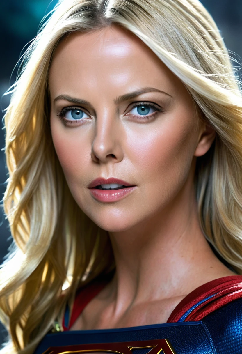 (((extreme close-up Charlize Theron under the mantle of the Kryptonian Kara Zor-The alias Supergirl long blonde hair cinematic surreal image HD))),(((imagenes color Splash)))