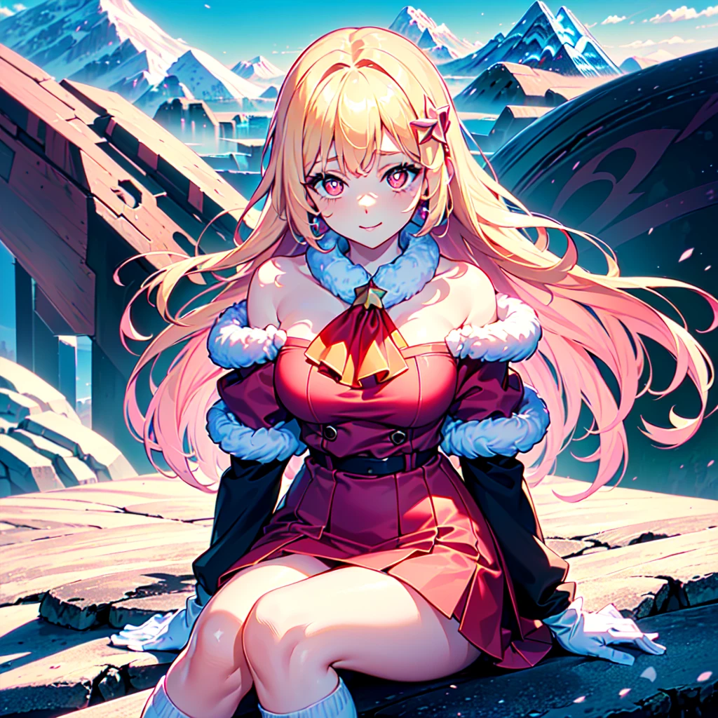 official art, masterpiece, sharp focueautiful gorgeous cute Korean woman:1.3), (beautiful cute korean:1.3), (beautiful and aesthetic:1.4), korean beauty, Delicate and beautiful hair and eyes and face, realistic, ultra detailed, beautiful girl, blue sky, glow white particle, (sidelighting:1.2), sun light, white cloud, detailed clouds, slender, Lovely very large breasts and very large hips,showing pink slip and lovely lips, (((shy and aroused, pink Star-shaped pupils, Red eyes)), (((Cuteness:1.7)), scenery, long straight hair, sexy facial expression, (mountainscape:1.7), dynamic hair, blonde long straight hair, detailed hair, streaked hair, glow pink eyes, sitting elegant near river (shoulder strap+fur coat over an off shoulder sweater+ red Ascot dress+cute pink skirt+princess pink cute collar+ white off shoulder blouse), white long socks, pale skin, epic scenery, hair ornament, Princess white gloves, appealing, (((Seduction:1.3))), air blow blonde long hairs, long black stocks, 1 anime girl pretty cute