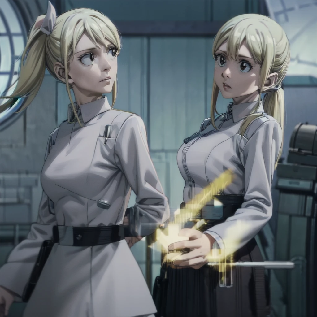 photorealistic, octane render, best quality, sharp focus, 8k, 4k, Masterpiece, Best Quality, realistic skin texture, extremely detailed, intricate, hyper detailed, illustration, soft lighting, high resolution, sharp detail, lucyheartfilia, side ponytail, hair ribbon, blonde hair, brown eyes, imperial officer uniform, rank badge, white imperialofficer uniform, full body image