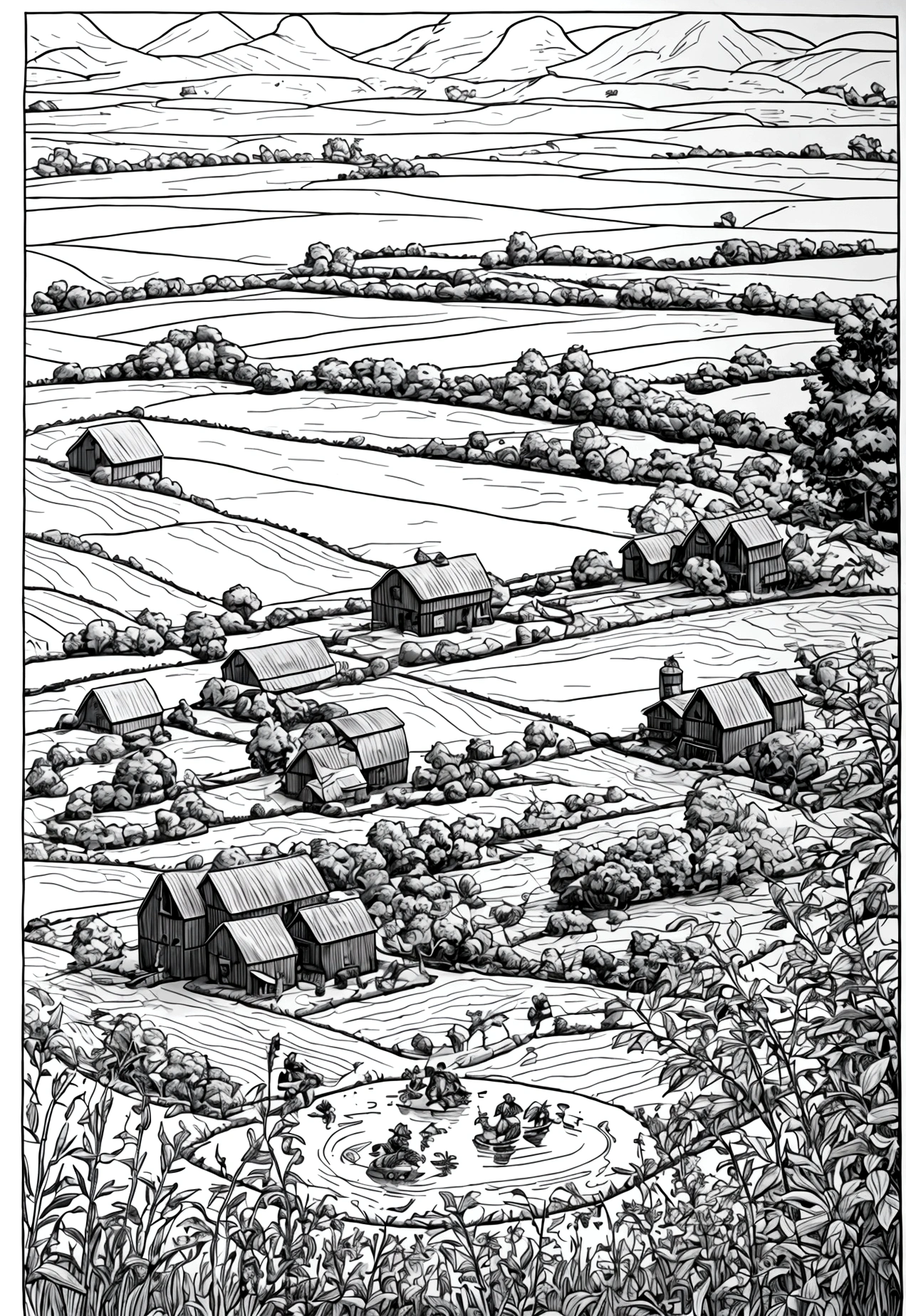 line art, cartoon character, 3d style, high-quality, coloring book, hand-draw, Description: A rural farm with fields of crops, a farmer plowing with oxen, and women working in the fields. There’s a scarecrow in the field and a small pond nearby. Elements: Fields, oxen, farmers, scarecrow, pond, and tools like plows and sickles.