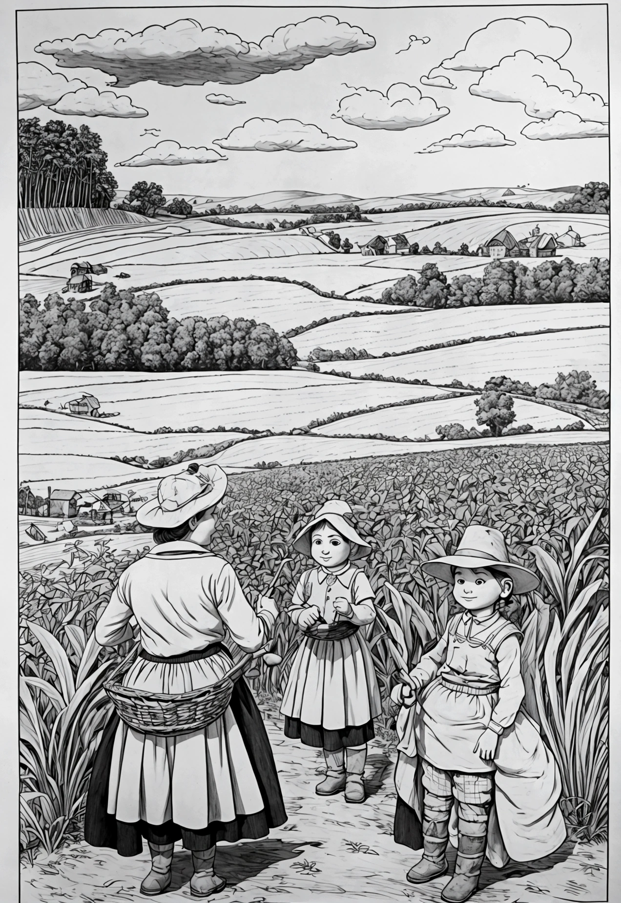 line art, cartoon character, 3d style, high-quality, coloring book, hand-draw, Description: A rural farm with fields of crops, a farmer plowing with oxen, and women working in the fields. There’s a scarecrow in the field and a small pond nearby. Elements: Fields, oxen, farmers, scarecrow, pond, and tools like plows and sickles.