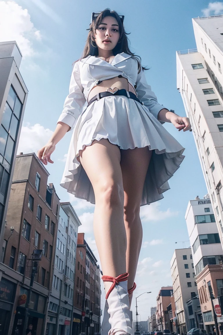 Giant maiden in sneakers,der riese、Girl taller than the building,from below, round and large eyes、tallgts,giantess,Full body photo,BuildingSeat, white uniform,Big breasts,pencil skirts,black lence stockings,white boots,cleveage of the breast、a miniskirt、Modern miniature buildings、top-quality、Watercolor style、stomping