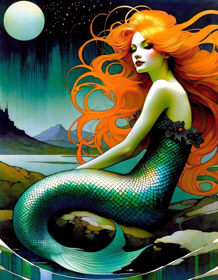 orange hair, She is a mermaid with a long tail of an orange-haired fish and very beautiful, she is sitting cheerful and quiet, in the lake with an enclosed mountain, low and bright Darksynth aesthetic, minimalist background, gothic makeup, weird fashion photography, ultra detailed, masterpiece. night, God, full body， Decorative panels， Abstract artistic， Alphonse Mucha （tmasterpiece， Best quality， A high resolution： 1.4）， A detailed， Complicated details，(art inspired by Bill Sienkiewicz) oil painting, details of brush strokes that enhance depth)