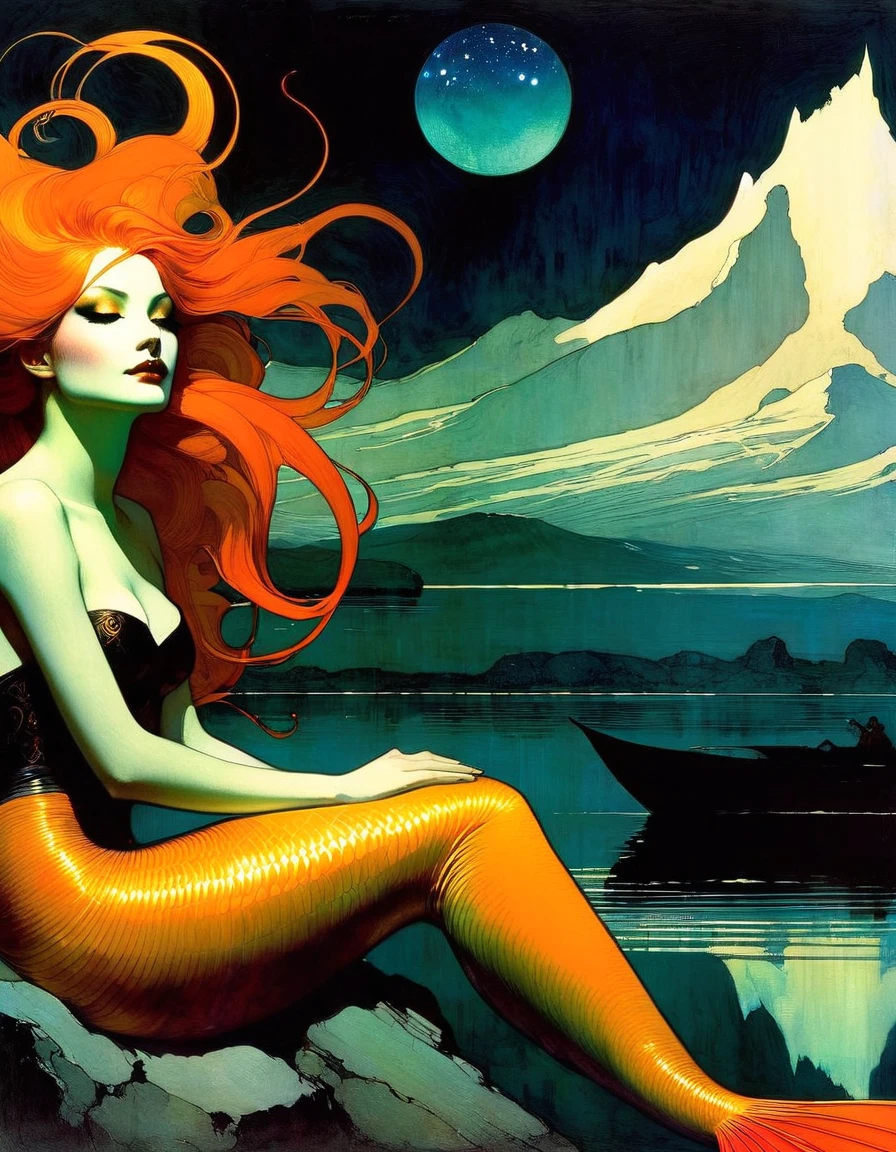 orange hair, She is a mermaid with a long tail of an orange-haired fish and very beautiful, she is sitting cheerful and quiet, in the lake with an enclosed mountain, low and bright Darksynth aesthetic, minimalist background, gothic makeup, weird fashion photography, ultra detailed, masterpiece. night, God, full body, Decorative panels, Abstract artistic, Alphonse Mucha (tmasterpiece, Best quality, A high resolution: 1.4), A detailed, Complicated details,(art inspired by Bill Sienkiewicz) oil painting, details of brush strokes that enhance depth)