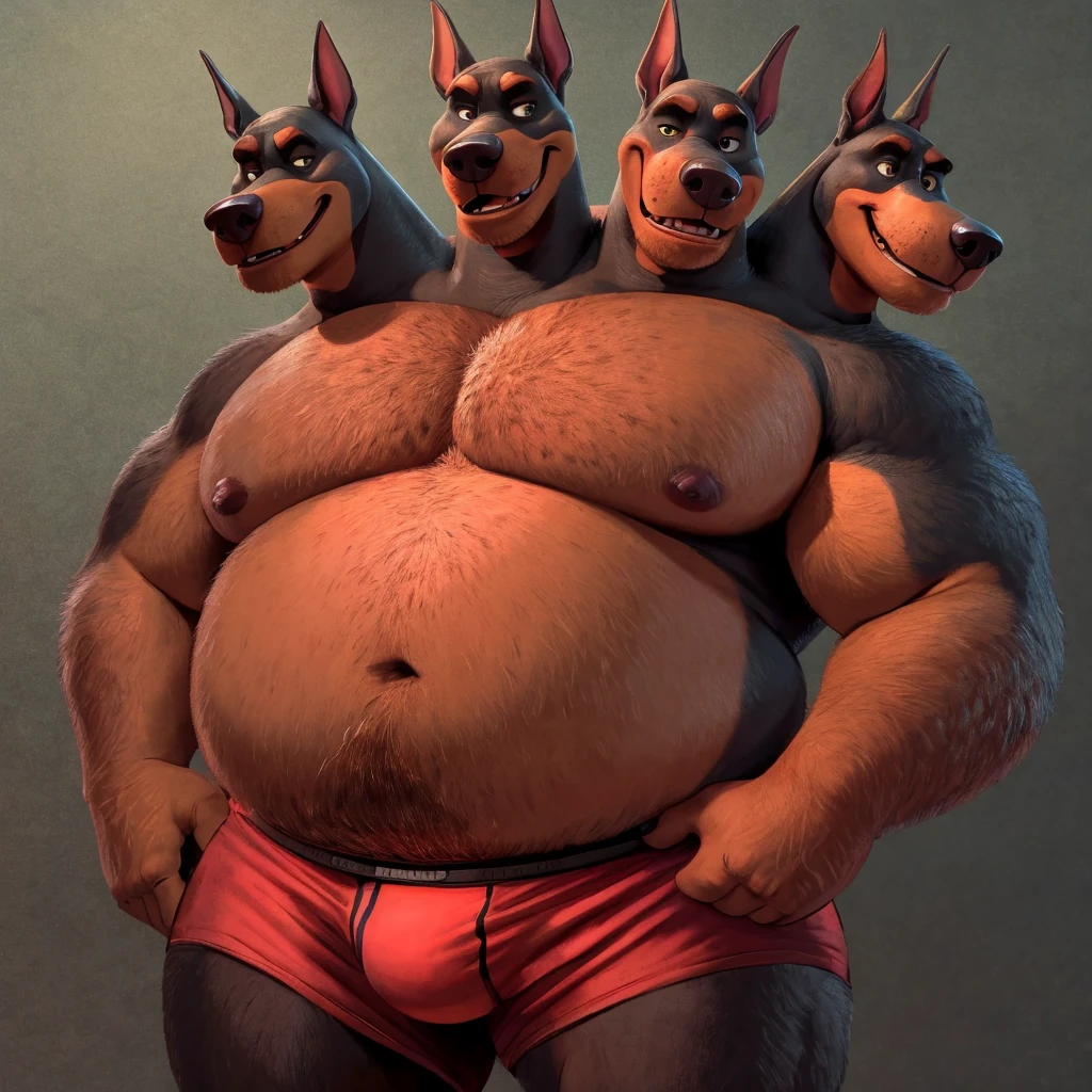 solo, doberman pinscher, three identical heads on one body, black and brown fur, bald, doberman pinscher ears, masculine, necks, (eyes), adult, male, 50 years old, (stylized 3d, by disney, by rembrandt, by pixar, by dramamine), obese, solid gray background, (shirtless, underpants), correct hands, correct anatomy, ultradetailed, best quality, detailed masterpiece, highly detailed masterpiece, 4k, (professional cartoon), natural pose, detailed expressions