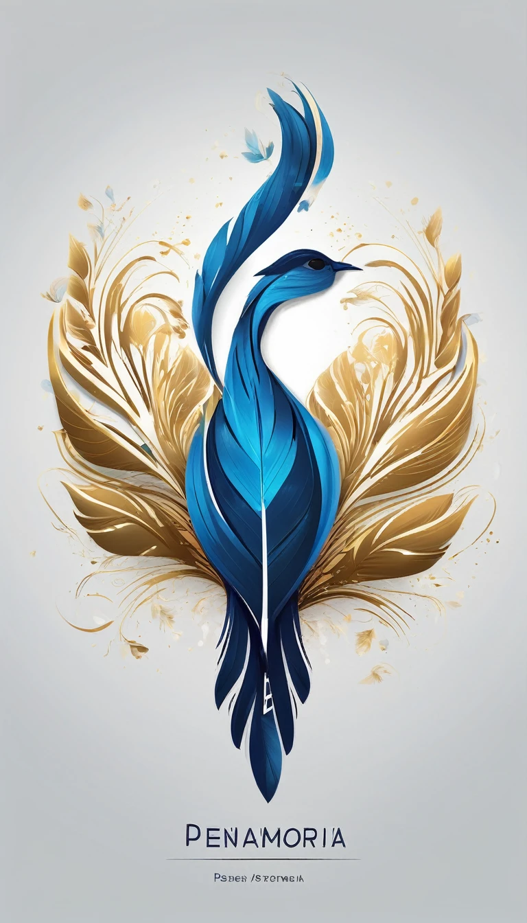 Create a flat vector, illustrative-style wordmark logo design for a storytelling and musical brand named 'Penamemoria'. The 'M' in 'Penamemoria' is transformed into a stylized feather, suggesting the brand's inspiration from fantasy birds. Use shades of blue, white and gold, evoking the imaginary and golden memories against a white background. Do not show any realistic photo detail shading. Include a boy playing acoustic guitar and a fantasy, unique feather by his side. Create a modern, logo that convey a sense of storytelling, dreaming and stories.