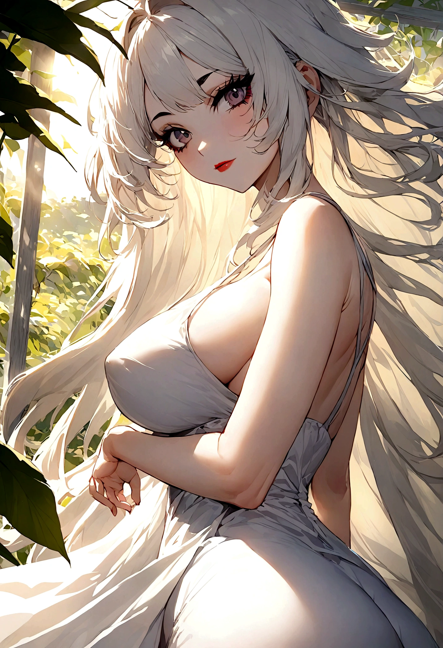 Portrait of the most stunningly gorgeous beautiful angelic goodness you can create, curved eyebrows, long luscious eyelashes, dark eyeliner, perfect makeup, larg breast, big ass, long legs, white sundress, looking back, daytime, sun rays illuminating the dress, perfect scenery