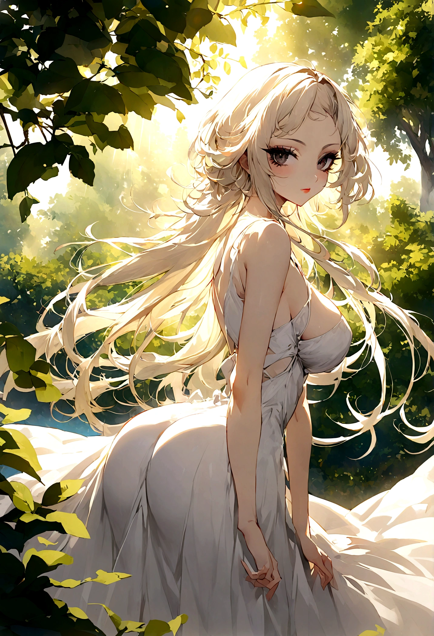 Portrait of the most stunningly gorgeous beautiful angelic goodness you can create, curved eyebrows, long luscious eyelashes, dark eyeliner, perfect makeup, larg breast, big ass, long legs, white sundress, looking back, daytime, sun rays illuminating the dress, perfect scenery