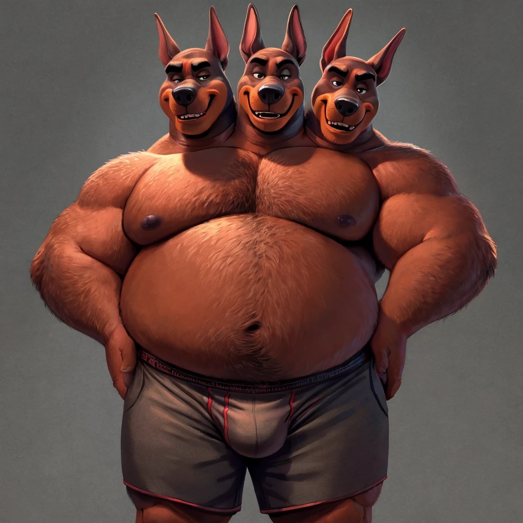 solo, doberman pinscher, three identical heads on one body, black and brown fur, bald, doberman pinscher ears, masculine, necks, (eyes), adult, male, 50 years old, (stylized 3d, by disney, by rembrandt, by pixar, by dramamine), obese, solid gray background, (shirtless, underpants), correct hands, correct anatomy, ultradetailed, best quality, detailed masterpiece, highly detailed masterpiece, 4k, (professional cartoon), natural pose, detailed expressions