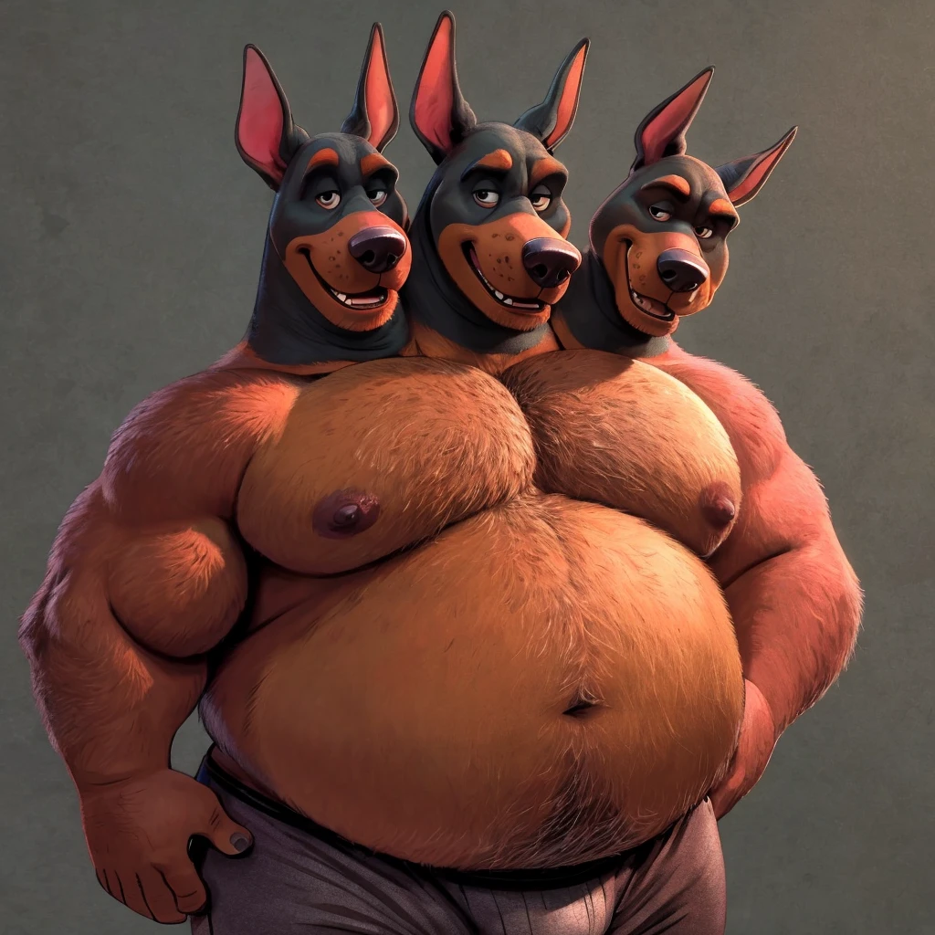 solo, doberman pinscher, three identical heads on one body, black and brown fur, bald, doberman pinscher ears, masculine, necks, (eyes), adult, male, 50 years old, (stylized 3d, by disney, by rembrandt, by pixar, by dramamine), obese, solid gray background, (shirtless, underpants), correct hands, correct anatomy, ultradetailed, best quality, detailed masterpiece, highly detailed masterpiece, 4k, (professional cartoon), natural pose, detailed expressions