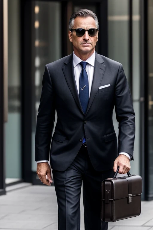 man 50 years old, European appearance, clean face without beard, in a strict dark suit walking down the street with a briefcase in hand.