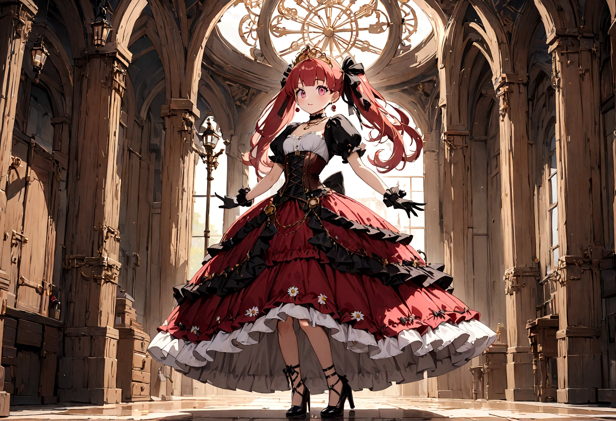 anime, highly detailed face, highly detailed eyes, highly detailed background, perfect lighting, full body, 1girl, solo, Asuna Yuuki, asuna, formal, indoors, black detailed dress, black heels, cleavage, tiara, jewelry, hair bun, frilled skirt, see-through, black lingerie long light brown hair, absurdres, high res, ultrasharp, 8K, masterpiece, looking at viewer, holding black sword