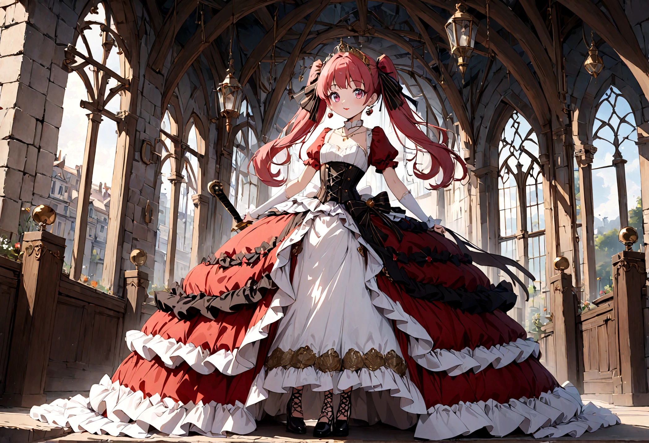 (best quality,4k,8k,highres,masterpiece:1.2),ultra-detailed, Pretty 15 years old princess, drawn in anime style, is cute and happy, long red pigtails hair, pink eyes, small breast, makeup and lipstick, steampunk, red ball gown with puffy sleeves, physically-based rendering,gorgeous frilly dress design,flowing gown,elaborate lace details,rich textures,contrast stitching,delicate ribbon bows,floral accents, daisy flowers embroidery, full skirt,short sleeves,fitted waistline,flared cuffs,lace-up back,luxurious fabrics,flawless silhouette, petticoat, bloomers, bustle, corset, hair ribbons, white elbow gloves, ruby earrings and necklace, gold tiara, high heels, holding a fencing sword, standing in castle bedroom, highly detailed, 4K.