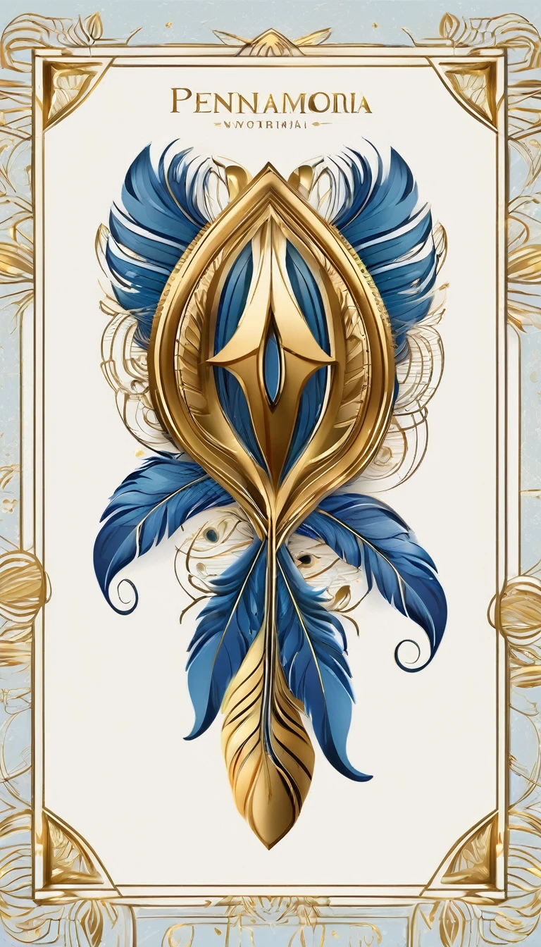 Create a flat vector, illustrative-style wordmark logo design for a storytelling and musical brand named 'Penamemoria'. The 'M' in 'Penamemoria' is transformed into a stylized feather, suggesting the brand's inspiration from fantasy birds. Use shades of blue and gold, evoking the imaginary and golden memories against a white background. Do not show any realistic photo detail shading. Include a boy playing acoustic guitar