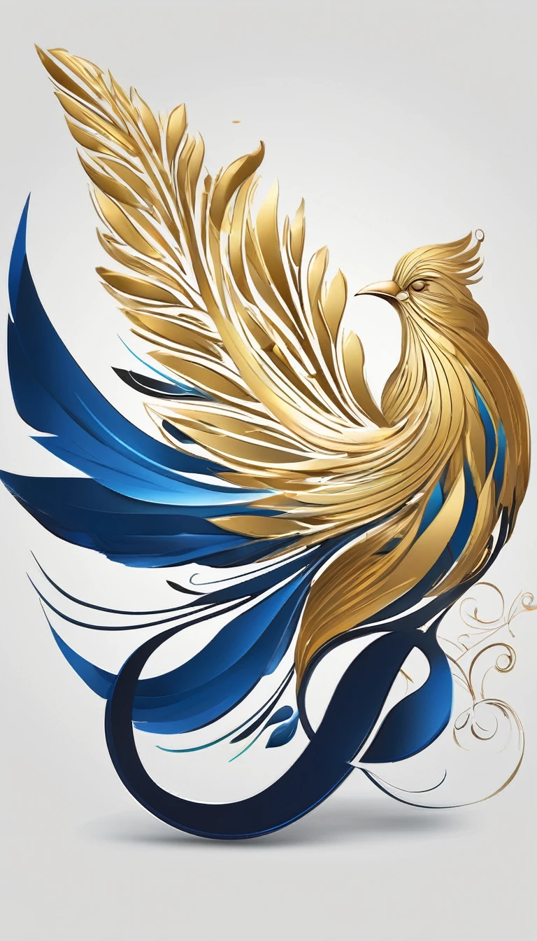 Create a flat vector, illustrative-style wordmark logo design for a storytelling and musical brand named 'Penamemoria'. The 'M' in 'Penamemoria' is transformed into a stylized feather, suggesting the brand's inspiration from fantasy birds. Use shades of blue and gold, evoking the imaginary and golden memories against a white background. Do not show any realistic photo detail shading. Include a boy playing acoustic guitar