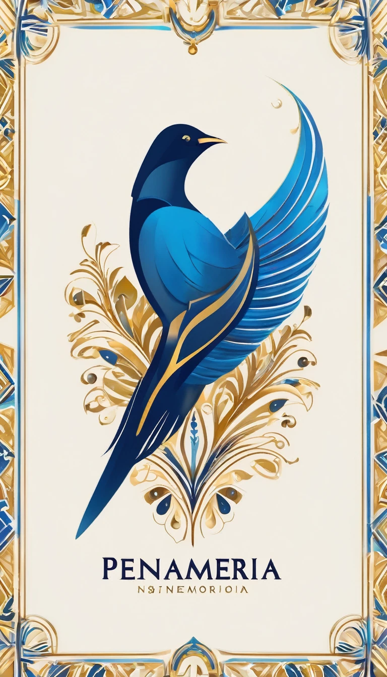 Create a flat vector, illustrative-style wordmark logo design for a storytelling and musical brand named 'Penamemoria'. The 'M' in 'Penamemoria' is transformed into a stylized feather, suggesting the brand's inspiration from fantasy birds. Use shades of blue and gold, evoking the imaginary and golden memories against a white background. Do not show any realistic photo detail shading. Include a boy playing acoustic guitar