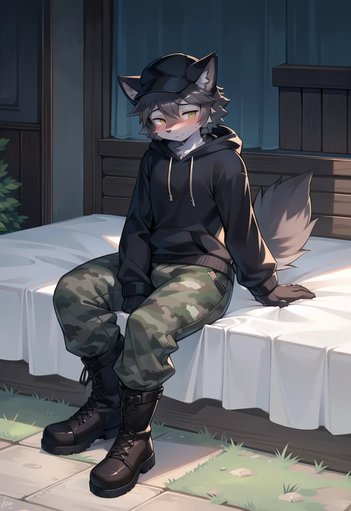 (Wolf, furry, anthropomorphic), male, feminine body, sitting on bed, bedroom background, outside, wearing grey sweat pants, wearing woodland camo hoodie, Furry art, Fur on arms, big Floofy tail, fur on legs, (Black Fur covering whole body, Best quality, human like body figure), Noon, wearing white hat, wearing boots, face blush