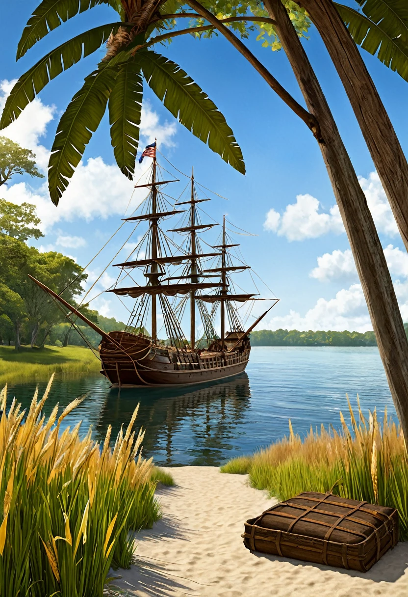 "Create a digital artwork depicting an early colonial trade scene between European settlers and Native Americans. Include European settlers dressed in 17th-century attire, some holding muskets and wearing wide-brimmed hats and cloaks. The Native Americans should be dressed in traditional attire with feathered headdresses and carrying goods like baskets of corn. The setting should be near a waterfront with a docked ship in the background and a blend of natural elements such as grass and trees."