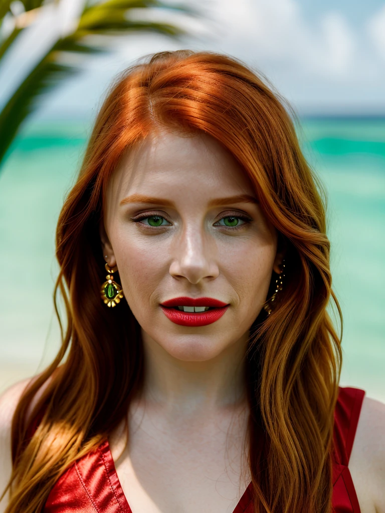 Realistic photo of a beautiful bryc3d-v1 woman, 1girl, solo, long hair, looking at viewer, tropical beach background, red hair, jewelry, smiling green eyes, multicolored hair, small gold earrings, parted lips, teeth,  lips, gradient hair, makeup, lipstick, portrait, realistic, red lips, soft lighting, professional Photography, Photorealistic, detailed, RAW, analog, sharp focus, 8k, HD, DSLR, high quality, Fujifilm XT3, film grain, award winning, masterpiece