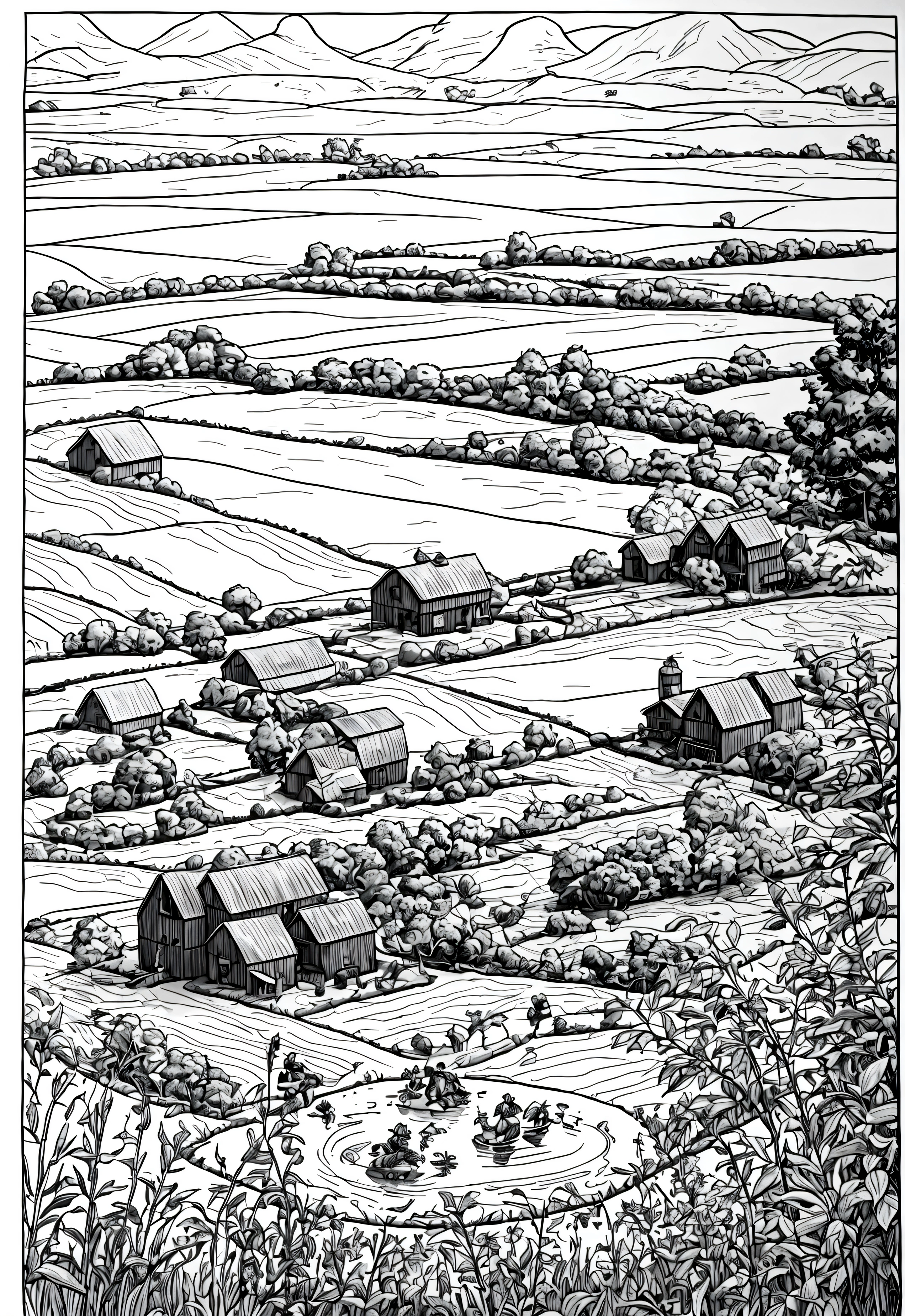 line art, cartoon character, 3d style, high-quality, coloring book, hand-draw, Description: A rural farm with fields of crops, a farmer plowing with oxen, and women working in the fields. There’s a scarecrow in the field and a small pond nearby. Elements: Fields, oxen, farmers, scarecrow, pond, and tools like plows and sickles.