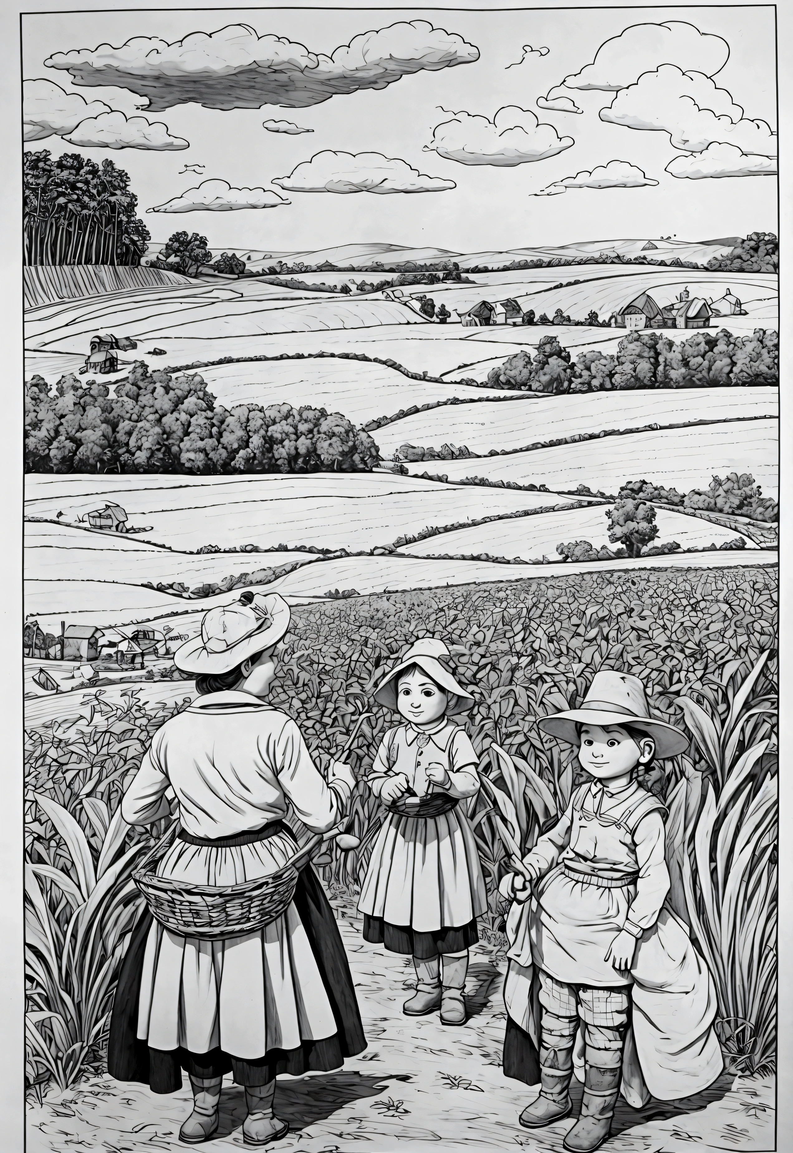 line art, cartoon character, 3d style, high-quality, coloring book, hand-draw, Description: A rural farm with fields of crops, a farmer plowing with oxen, and women working in the fields. There’s a scarecrow in the field and a small pond nearby. Elements: Fields, oxen, farmers, scarecrow, pond, and tools like plows and sickles.