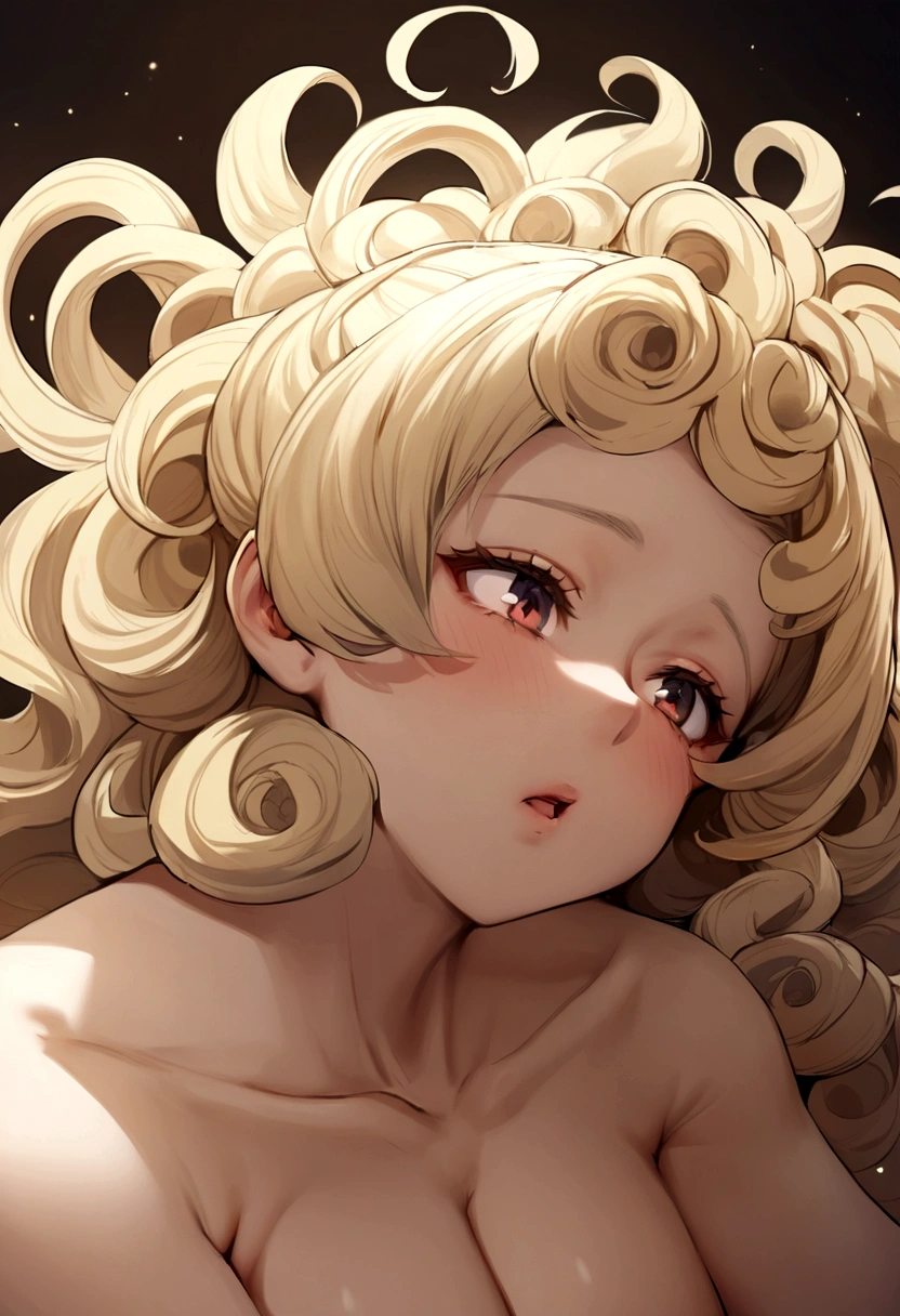 A naked blond girl with large breaths and curly hair is giving a boy head while sitting on his face