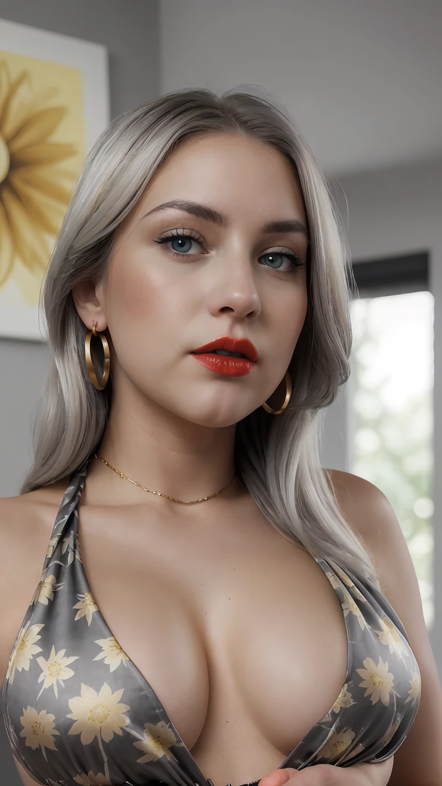 An erotic art photograph(sunnyday) featuring a curvy BLONDE girl(yellow-hair) with an exceptionally busty figure(freckles:0.55),heart-shaped lips(bold red-lips), pout face expression. With soft lighting enhancing the textures and details. The overall aesthetic is fresh, elegant, and enchanting. **Description:** - **Subject**: A very busty, blonde girl dressed in a Satin((Charcoal gray / salmon / gold floral-print details))-tied microbikini-set. - **Appearance**: - Hair: gold-hair(Straight short hair). - Eyes: green-eyes - Skin: Very pale skin(porcelain skin) - Build: hourglass figure. Dressed in a Satin(Charcoal gray / salmon / gold floral-print details))-daring microbikini-set(undersized halter bra, that accents her ample bust(almost bursting out), with a side tied thong), chocker, gold earrings and bracelets. - **Background**: Fresh and elegant white-room(ceiling-windows and lush plants)the lush plant surrounded her curvy body, natural flower framed. - **Visual Effects**: - (((**Color Palette**: Charcoal gray / salmon colors monochrome))). - **Lighting**: natural and vibrant(strong shadows, and high contrast) ((CLOSE UP SHOT)), from the behind view.