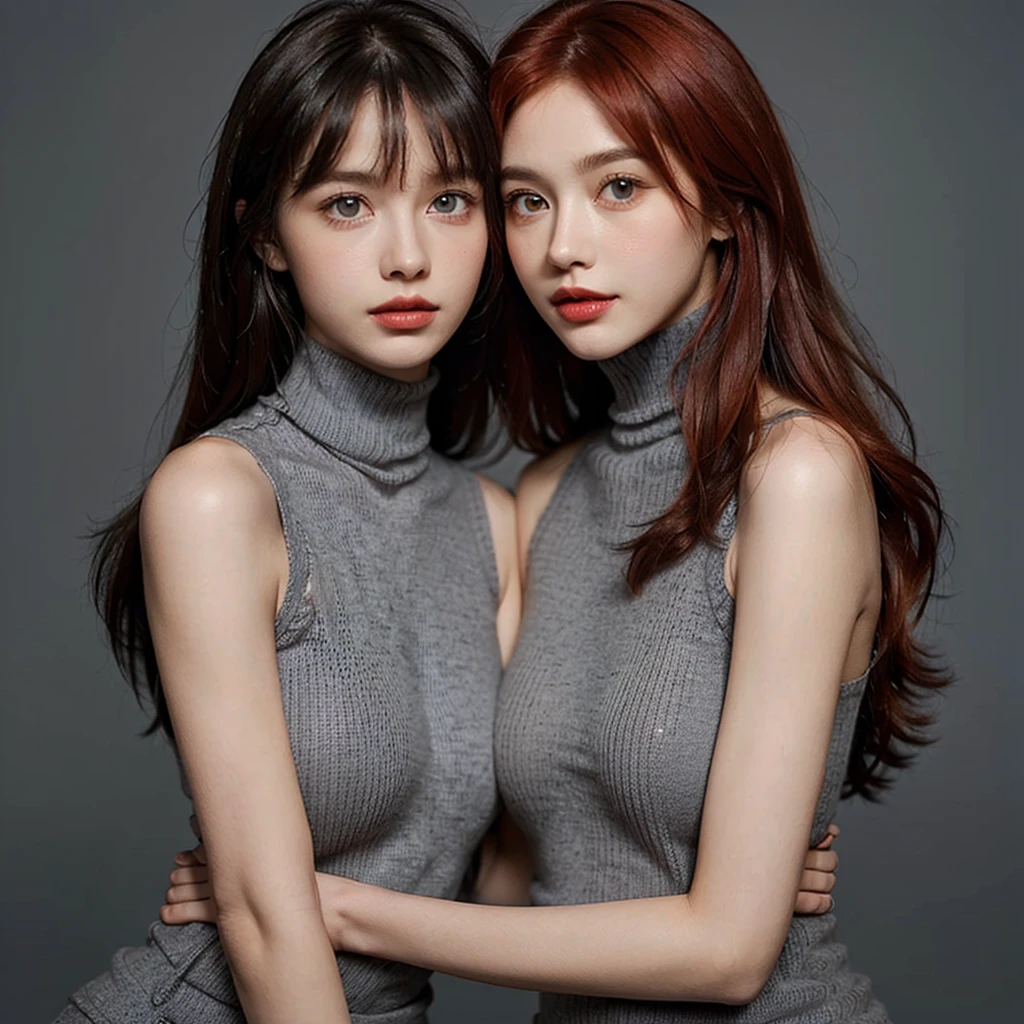 Masterpiece, Best Quality, (Realistic, Super Real, Super Reality:1.5), (Photography), 2girl, (Neat and Innocent Character, Gentle Atmosphere:1.2), ((Red Color Hair, Straight Long Moist hair:1.2)), (Smile:0.8), (Tender eyes), (brunette bangs, Very Long Hair:1.2), Looking at Viewer, Cowboy Shot, Cinemagraph, BREAK (Perfect beauty, Very Porcelain Skin, Very Fair Skin, Fine and Beautiful Skin, Super Smart, Faces with random and very beautiful details, (Symmetrical beautiful face, symmetrical beautiful eyes, Red Color Eyes, Fine Eyes Detail, Fine face:1.3), (Large eyes, Hyper Detail Eyes, Very Clear Eyes:1.2), Both eyes are synchronized, Focused Gaze, on focus, Look at us, (Thin Lips:1.2), Crimson Red Color Lipstick, Beautiful Face, Nasal stripes are well defined), Brake ((Gray Color Very Tight Sleeveless Turtleneck Knit:1.5), (Beige Color, Cotton, Skirt:1.2)), (Brunette Wide Choker), ((White Color Simple Gradation Background:1.3)), Flat Lighting, (Large Breasts, Well-Shaped Breasts:1.4), BREAK (7 Head-toll, Model Figure, Thin Neck, Thin shoulder, sloped shoulder, (narrow shoulders, thin upper chest, Thin under the chest, thin waist), Thin Arms, Thin Legs:1.2),