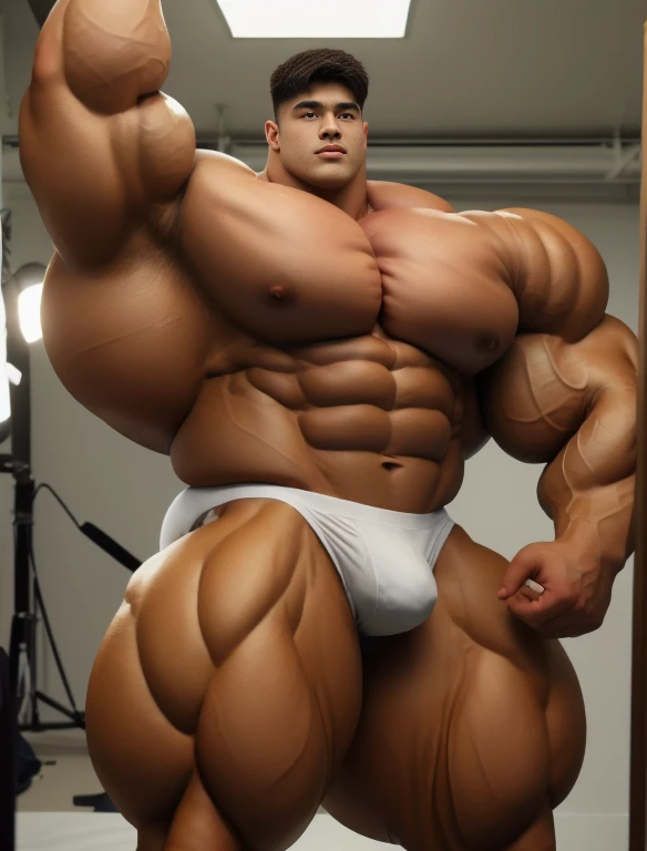 1boy, giant, model shoot style, staring, illuminating light, strong body, bulk, large size, armpit, at the photo studio room, nude, white triangular underwear, prominent bulge, big, brutalmass, giant, muscular body, bulk, massive body, large meaty body size,