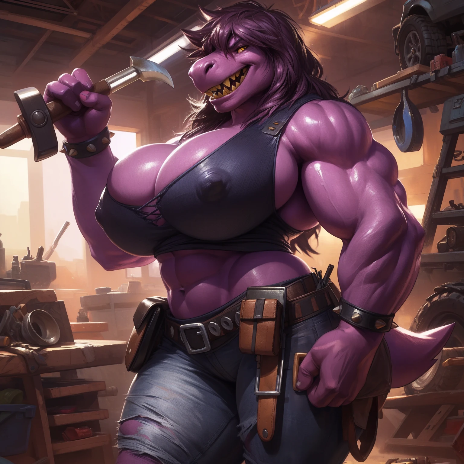 (Solo:1.2), susie deltarune, smooth skin, 1girl, (female:1.5), susie, reptilian, dark hair, messy hair, yellow eyes, muscular, chunky, stocky, thickset, (huge :1.2), cleavag shoulders, wide hips, huge ass, short tailnipple outline:0.8ick legs, bare midriff, abs, muscular thighs, standing upright, casual posture, (laughing), hands at her sides, dirty tank top, spiked bracelets, jeans, looking at viewer, yellow teeth, uploaded to e621.net, masterpiece, 8k, realistic textures, realistic lighting, highly detailed, (tool belt:1.5), mechanic, indoors, garage, workshop, cars in background, by darkgem, by BNG,