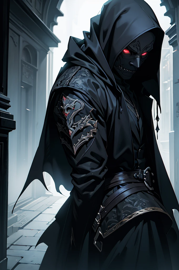 a vampire assassin in dark clothes, mask covering their face, detailed intricate costume, hyperrealistic, cinematic lighting, moody atmosphere, digital painting, dramatic shadows, rich colors, chiaroscuro, dark and gloomy, ultra-detailed, 8k, masterpiece, photorealistic, highly detailed, sharp focus