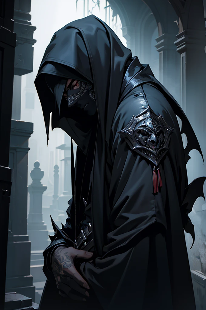 a vampire assassin in dark clothes, mask covering their face, detailed intricate costume, hyperrealistic, cinematic lighting, moody atmosphere, digital painting, dramatic shadows, rich colors, chiaroscuro, dark and gloomy, ultra-detailed, 8k, masterpiece, photorealistic, highly detailed, sharp focus